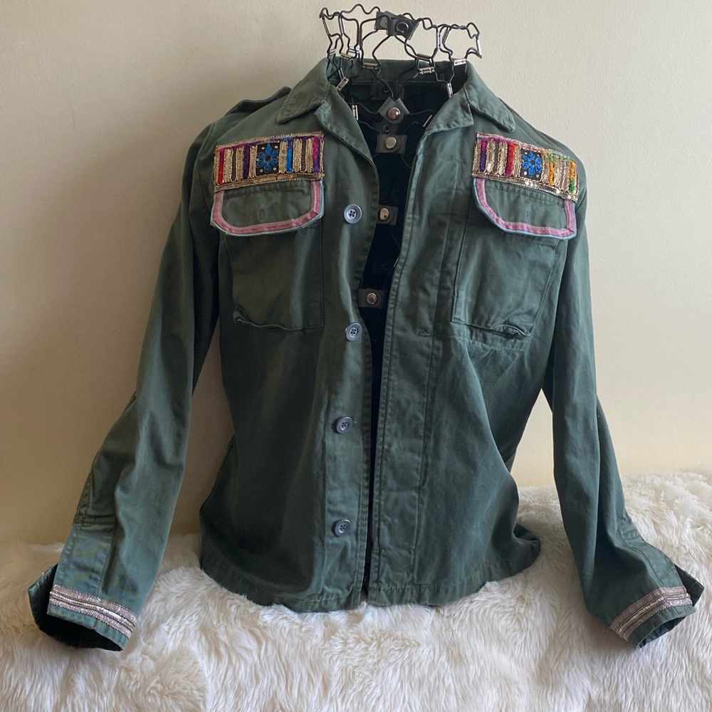 Bebe Boho Embellished Military Jacket - Army Green Size Large